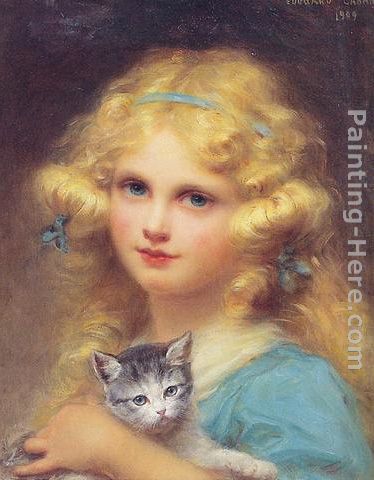 Portrait of a young girl holding a kitten painting - Edouard Cabane Portrait of a young girl holding a kitten art painting